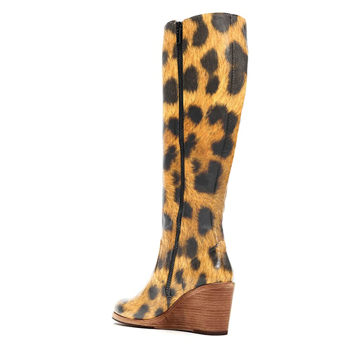 Women's Leopard Print Wedge Heel Side Zipper Knee High Boots