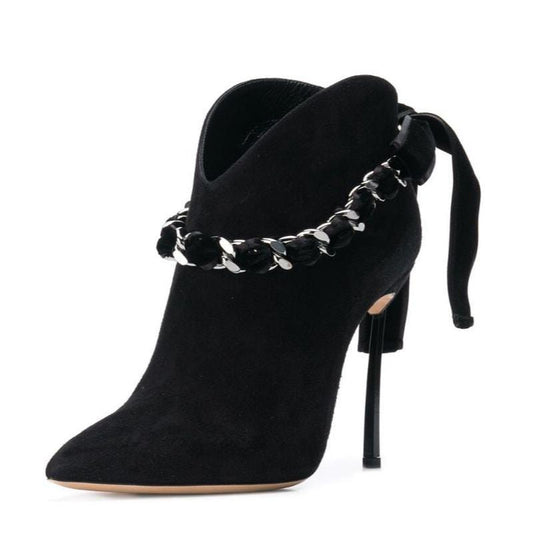 Black Chains Embellished Tie Back Blade Heel Pointed Toe Ankle Boots