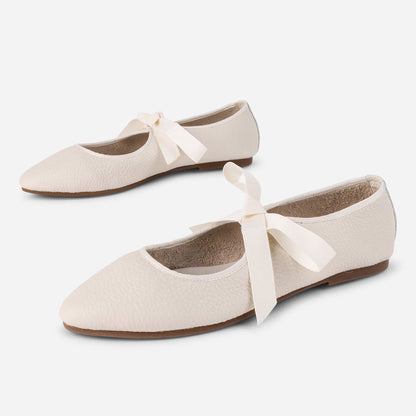 Ivory Closed-Toe Lace-Up Casual Ballet Flats with Straps