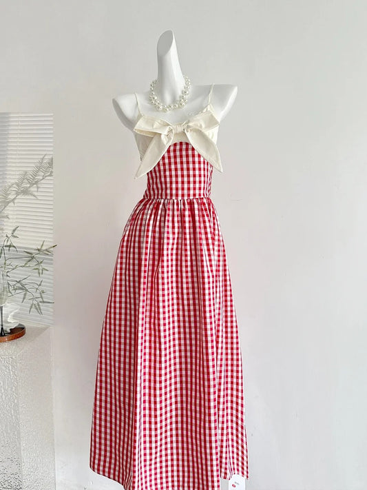 Retro Red And White Plaid A-line Bow Strap Long Prom Dress 17th Birthday Dress P4004