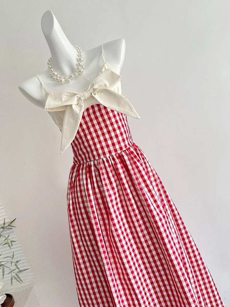 Retro Red And White Plaid A-line Bow Strap Long Prom Dress 17th Birthday Dress P4004