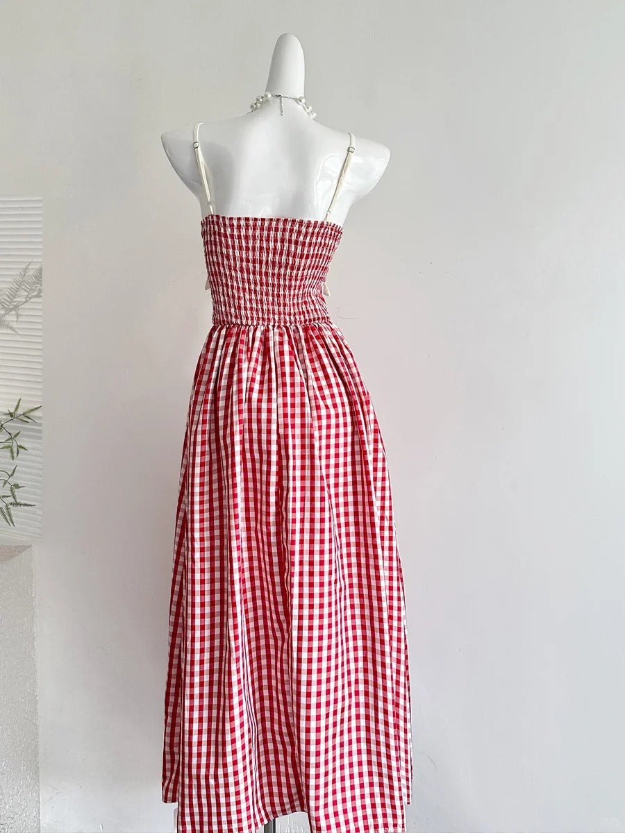 Retro Red And White Plaid A-line Bow Strap Long Prom Dress 17th Birthday Dress P4004