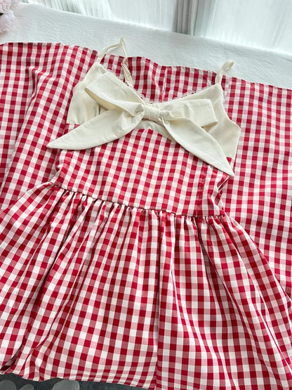 Retro Red And White Plaid A-line Bow Strap Long Prom Dress 17th Birthday Dress P4004