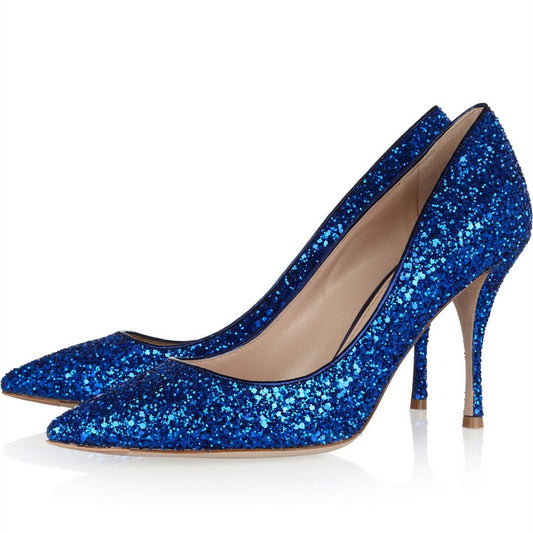 Women's Fashion Royal Blue Glitter Shoes Pointy Toe Pumps Heels