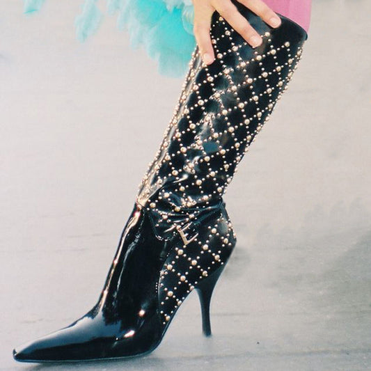 Black Pointed Toe Boots Diamonds Knee High Boots