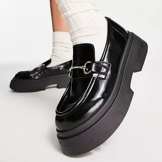 Black Patent Leather Loafers With Platform Lug Sole Women Flats