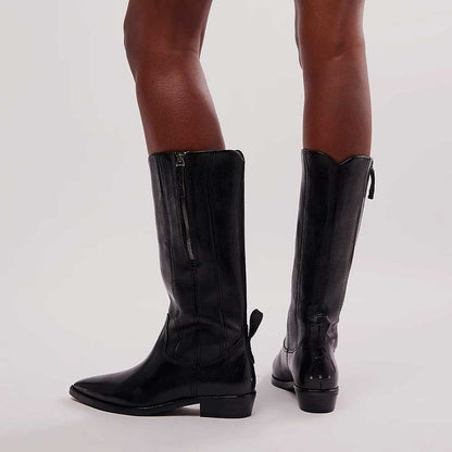 Black Pointed Toe Low Heel Mid Calf Boots for Women with Zipper