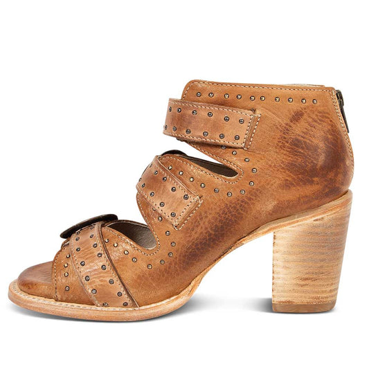 Vegan Leather Buckle-Strap Studded Back-Zip Ankle Boots in Brown