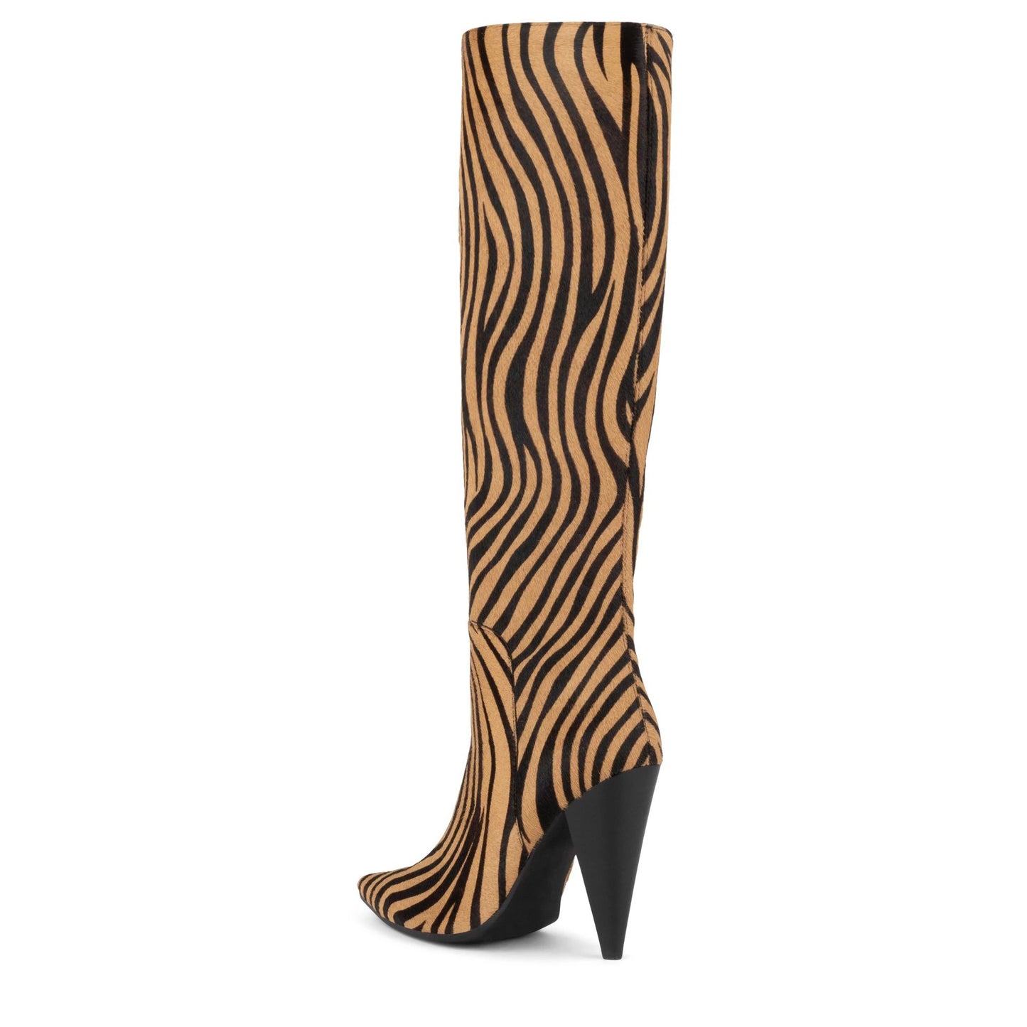Tan & Black Zebra Printed Pointed Toe Cone Heel Knee High Boots