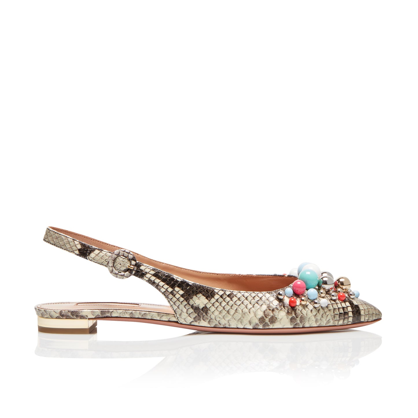 Snakeskin Embossed Buckled Slingback Shoes Beaded Pointed Toe Flats