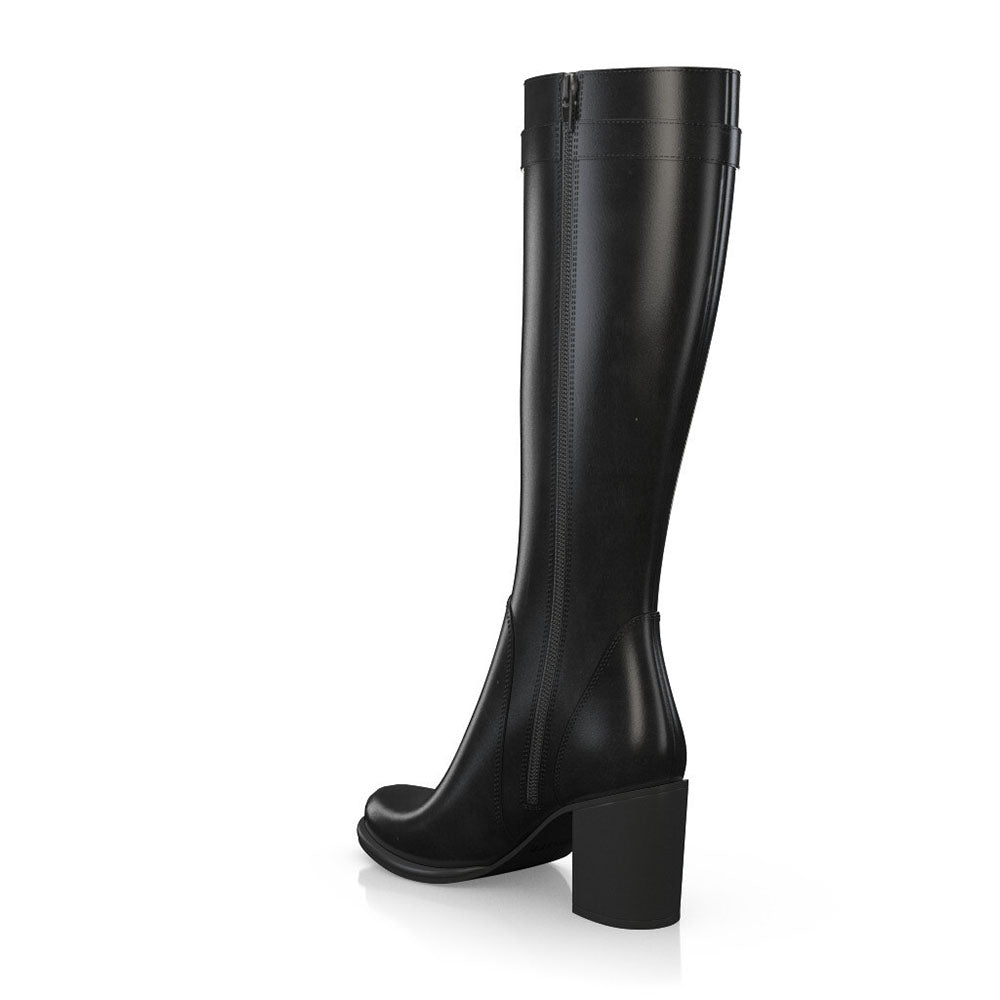 Black Round Toe Gold Metal Buckle Knee High Boots with Block Heels