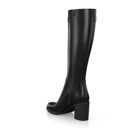 Black Round Toe Gold Metal Buckle Knee High Boots with Block Heels