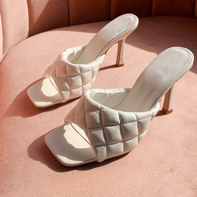 White Quilted Square Toe High Heel Mules for Women