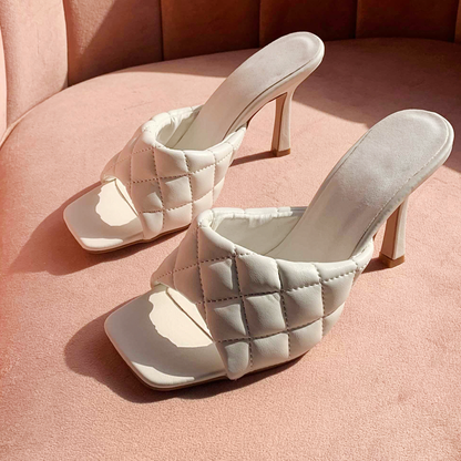 White Quilted Square Toe High Heel Mules for Women
