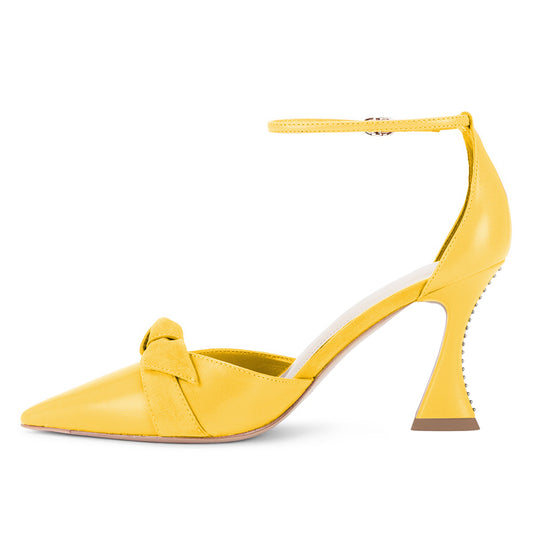 Yellow Flared Heel Bowknot Studded Ankle Strap Pumps for Women