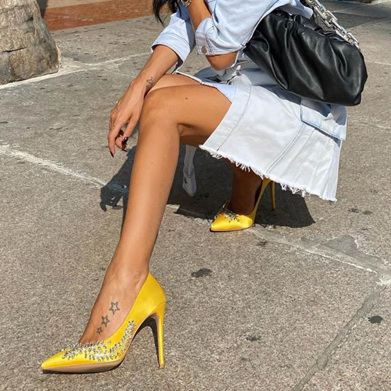Women's Yellow Pointed Toe Satin Pumps Rhinestone Stiletto Heels