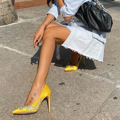 Women's Yellow Pointed Toe Satin Pumps Rhinestone Stiletto Heels