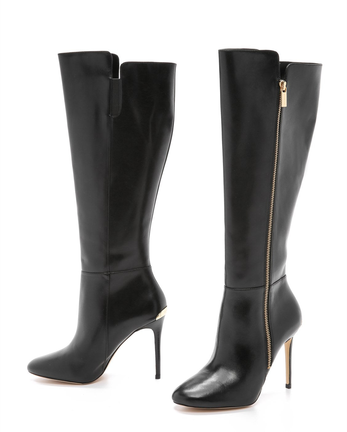 Black Almond Toe Side Zip Stiletto Heel Knee High Boots
