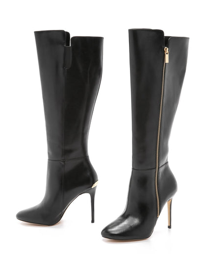 Black Almond Toe Side Zip Stiletto Heel Knee High Boots