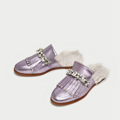 Violet Glitter Flats Fringe Crystal Furry Mule Loafers for Women