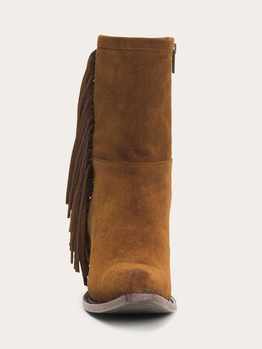 Brown Faux Suede Snip Toe Angle Fringe Zipper Cowgirl Ankle Boots With Chunky Heels