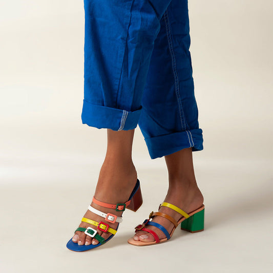 Multicolor Vegan Leather Round Toe Block Heel Strappy Slippers