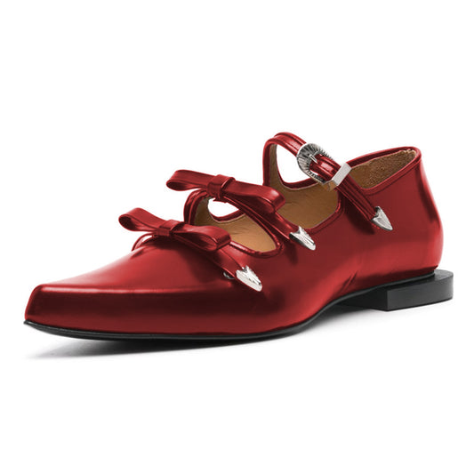 Fashion Pointed Toe Knot-Bow Red Casual Flats for Women