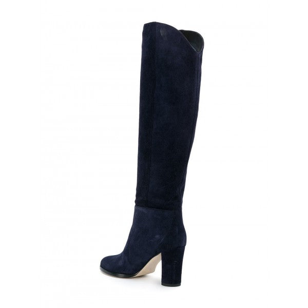 Women's Vegan Suede Round Toe Chunky Heel Knee High Boots in Navy