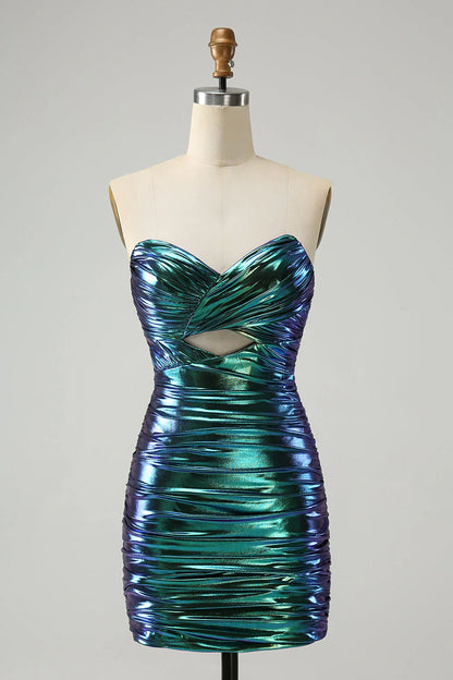 New Fashion Sparkly Teal Blue Ruched Design A-line Bodycon Strapless Short Homecoming Dress TP3458