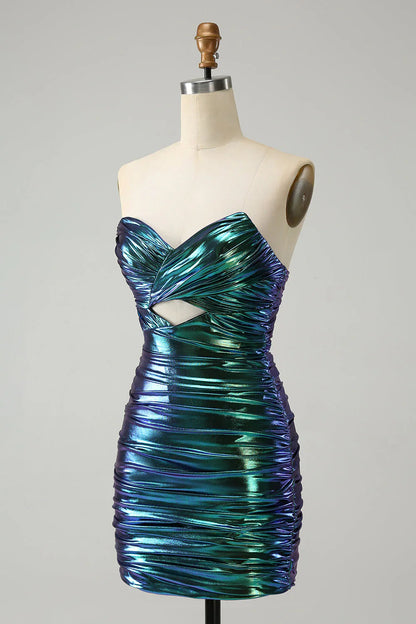 New Fashion Sparkly Teal Blue Ruched Design A-line Bodycon Strapless Short Homecoming Dress TP3458