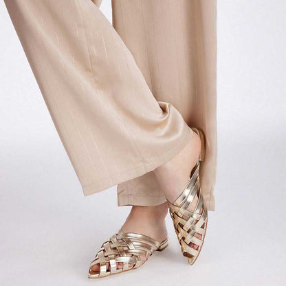 Metallic Finish Woven Pointed Toe Flat Gold Mules for Women