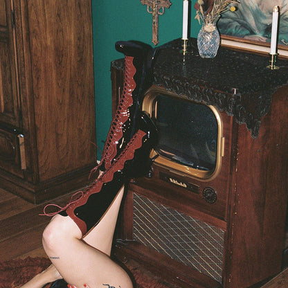 Black & Red Patent Leather Lace-Up Stiletto Heel Knee High Boots