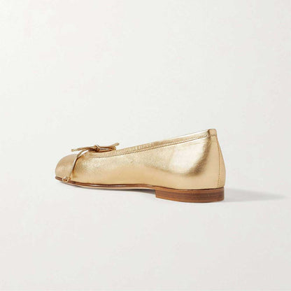 Gold Vegan Leather Round Toe Slip-On Ballet Flats with Bow