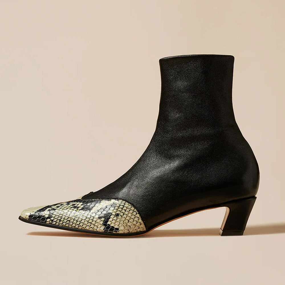 Black Python Embossed Square Toe Zipper Ankle Boots with Chunky Heel