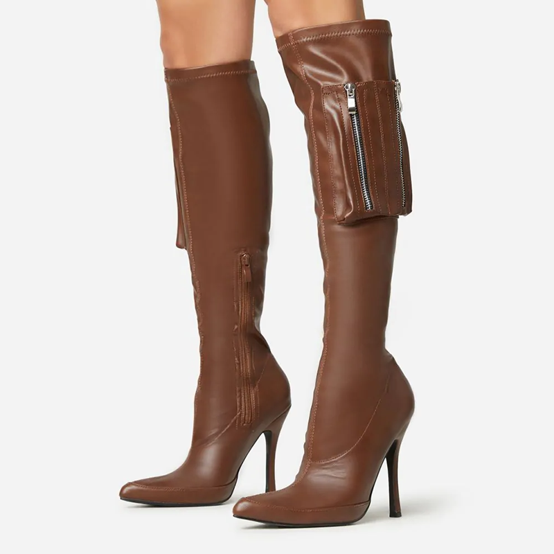 Brown Stiletto Heel Vintage Pointed Toe Zipper Knee High Boots