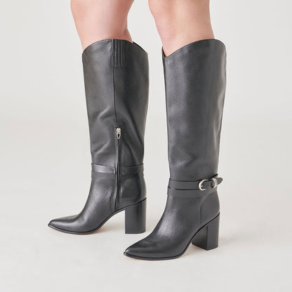 Black Buckle Strap Pointed Toe Block Heel Knee High Boots with Zipper