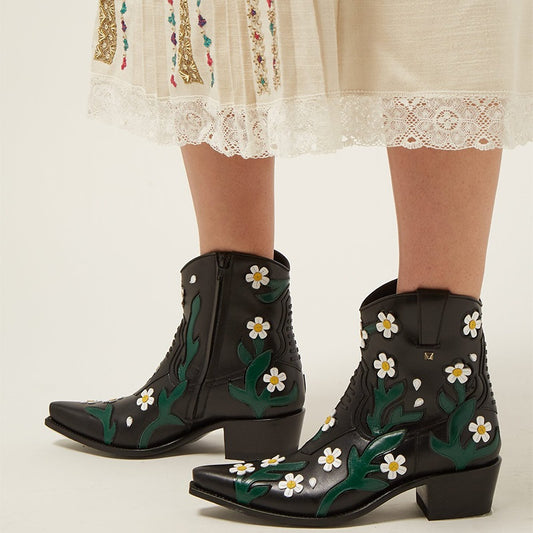 Black Snip Toe Cowgirl Ankle Boots with Zipper and Flower Inlay