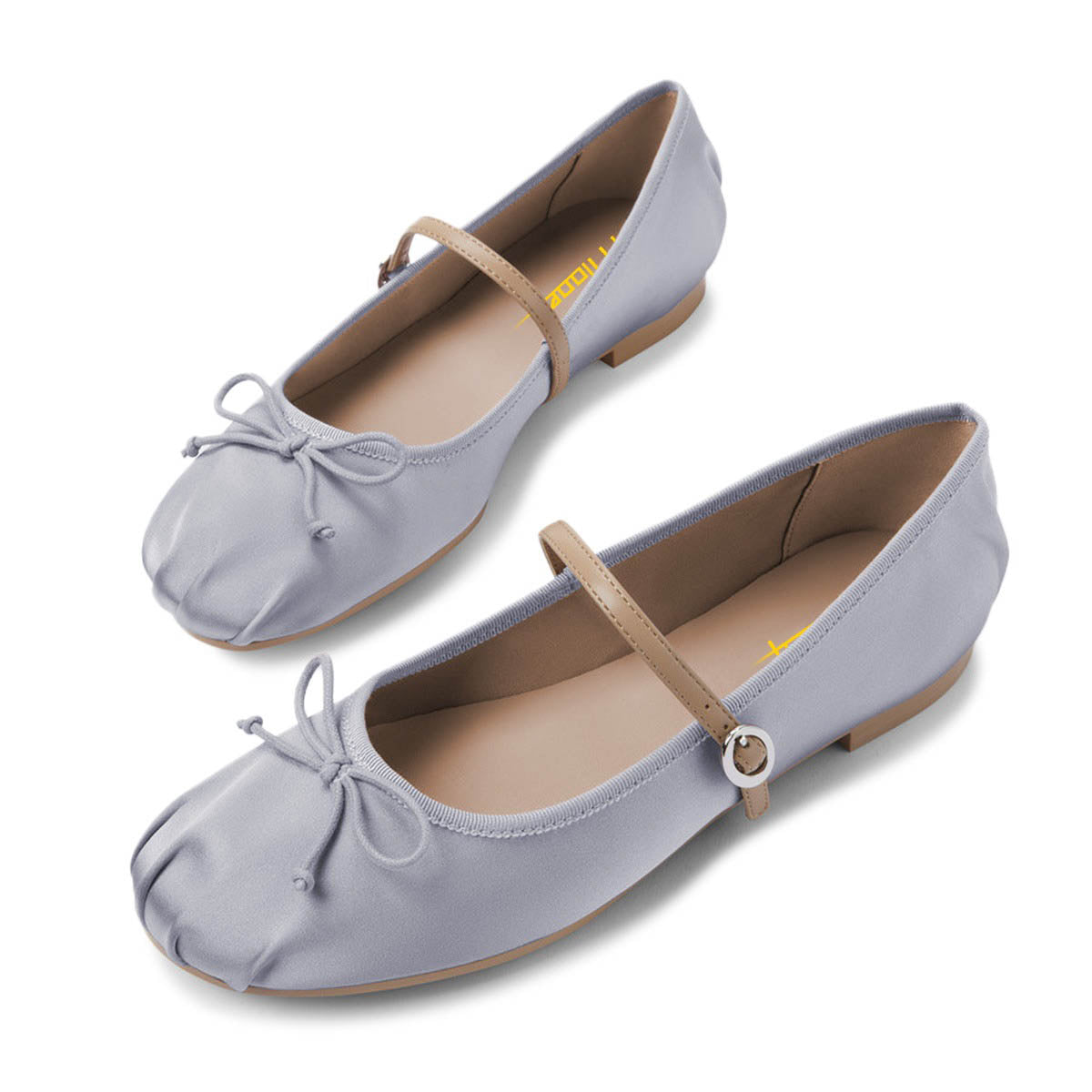 Gray Satin Round Toe Bow Decor Buckle Strap Classic Ballet Flats