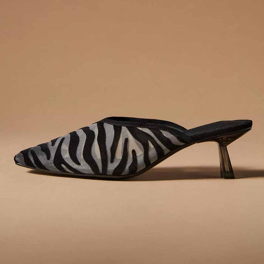 Black Mesh & Velvet Square Toe Flared Heels Zebra Print Mules Shoes