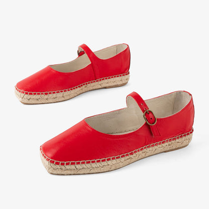 Simple Red Square Toe Buckle Strap Espadrille Mary Jane Flats