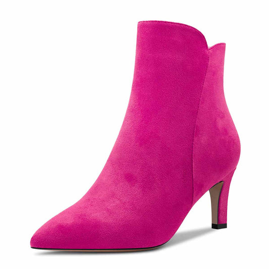 Vegan Suede Pointed Toe Kitten Heeled Ankle Boots in Fuchsia