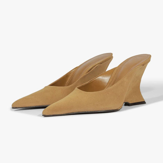 Vegan Suede Wedge Heel Pointed Toe Mules for Women in Tan