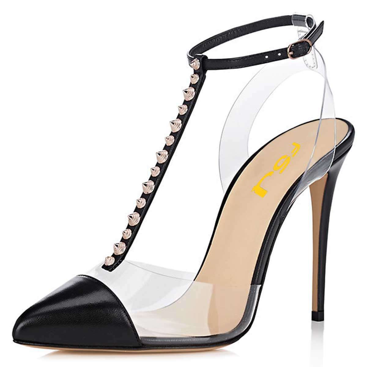 Women's Transparent PVC Patchwork Rivets T-Strap Black Pumps