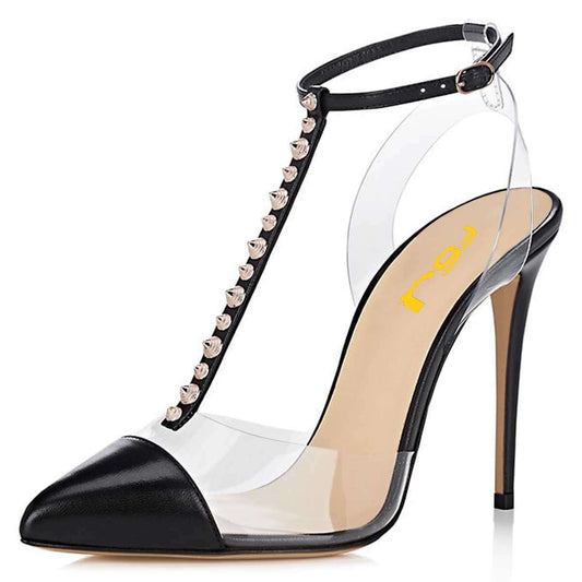 Women's Transparent PVC Patchwork Rivets T-Strap Black Pumps
