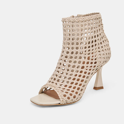 Beige Woven Cut-Out Open Square Toe Flared Heel Zipper Summer Boots