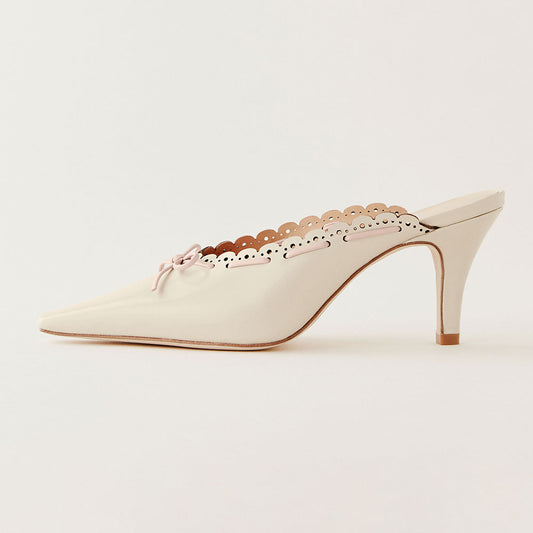 Beige Snip Toe Kitten Heel Wave Edge Mules Shoes with Bow Strap