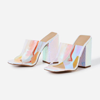 Women's Hologram Square Toe Transparent PVC Block Heel Mules Shoes