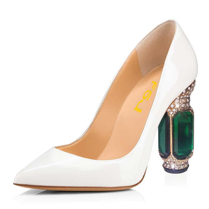 Women's Patent Leather Pointed Toe Decorative Heel White Pumps