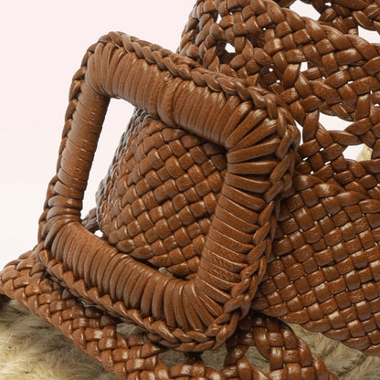 Brown & Beige Woven Buckled Ankle Strap Platform Wedge Sandals