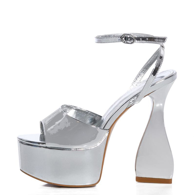 Silver Open Toe Patent Shoes Ankle Strap Platform Heel Evening Sandals